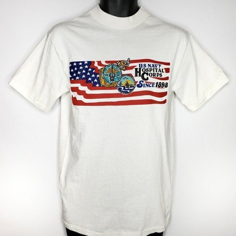 US Navy Hospital Corps T Shirt Vintage 80s 1985 USN American Flag Made In USA M